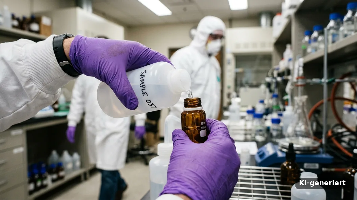 Ewigkeitschemikalien (PFAS): Laborant füllt eine Wasserprobe zur PFAS-Analyse in ein Braunglas-Fläschchen