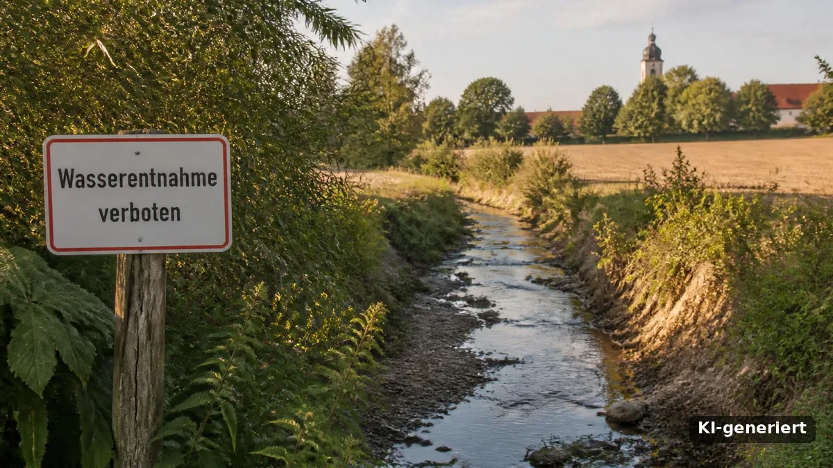 Schild Wasserentnahme verboten an einem Bach mit sehr niedrigem Wasserstand (KI-generiert)