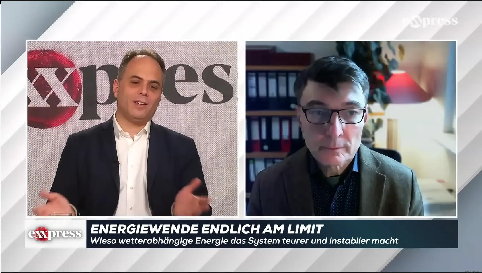 Dr. Björn Peters im exxpress-Interview. Die Bauchbinde verrät die Stoßrichtung: „Energiewende ENDLICH am Limit".