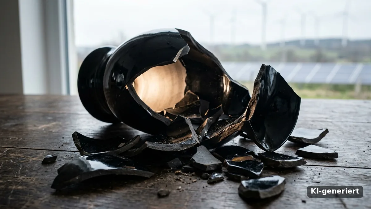 Zerbrochene schwarze Vase auf einem Holztisch, im Hintergrund Windräder und Solarpark. Symbolbild für Fatih Birols Vergleich: Das Vertrauen in Öl und Gas ist zerbrochen