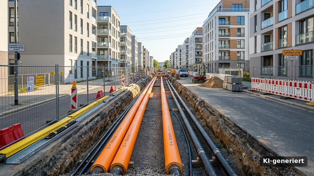 Frisch verlegte Fernwärmeleitungen in einem offenen Graben einer Stadtstraße, KI-generiert