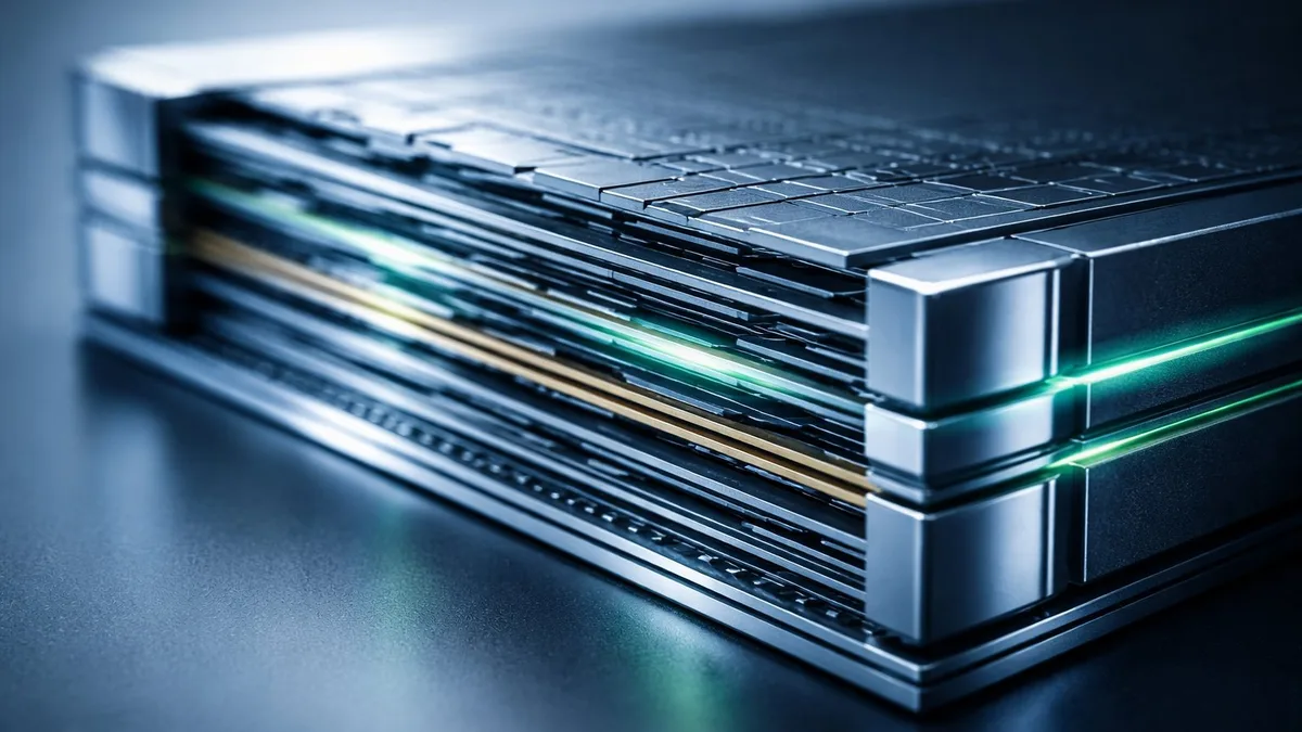 Feststoffbatterie im Querschnitt mit gestapelten Schichten - Symbol fuer disruptive Technologie