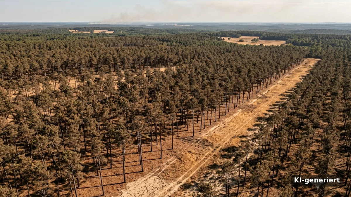 Feuerwetter: ausgetrockneter Seekiefernwald mit Sandschneise und Rauchfahne am Horizont in Südwestfrankreich