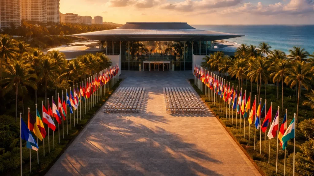 Fossil Fuel Treaty: Internationale Konferenz in Santa Marta mit Flaggen vieler Nationen