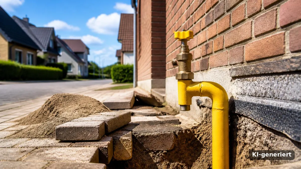 Gelbe Gasleitung mit Absperrhahn an der Hauswand eines Einfamilienhauses, davor eine aufgegrabene Baugrube (KI-generiert)