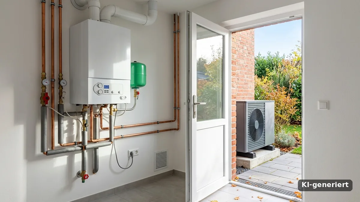 Gas-Brennwerttherme im Hauswirtschaftsraum, durch die offene Tür eine Wärmepumpe im Garten, KI-generiert