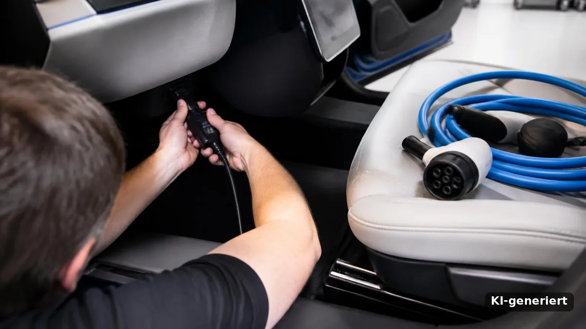 Mechaniker schließt ein Diagnosegerät am OBD-Anschluss eines Elektroautos an, ein Typ-2-Ladekabel liegt auf dem Sitz