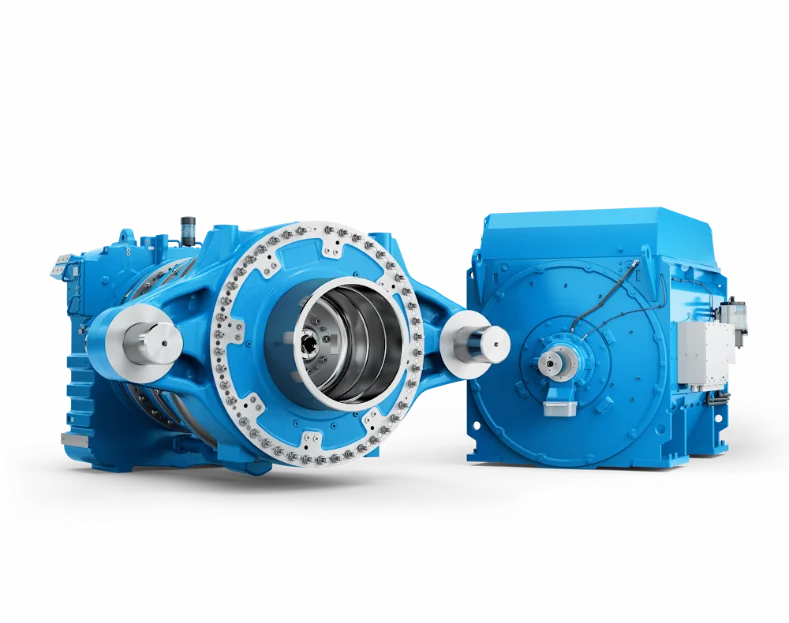Freigestelltes blaues Winergy-REVO-Getriebe links neben dem blauen Winergy-GENERA-Generator