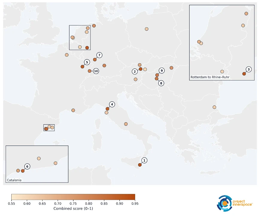 Karte der 30 aussichtsreichsten Industriecluster für Geothermie-Wärme in Europa, die besten zehn sind nummeriert, Wesseling auf Platz drei im Kasten Rotterdam bis Rhein-Ruhr