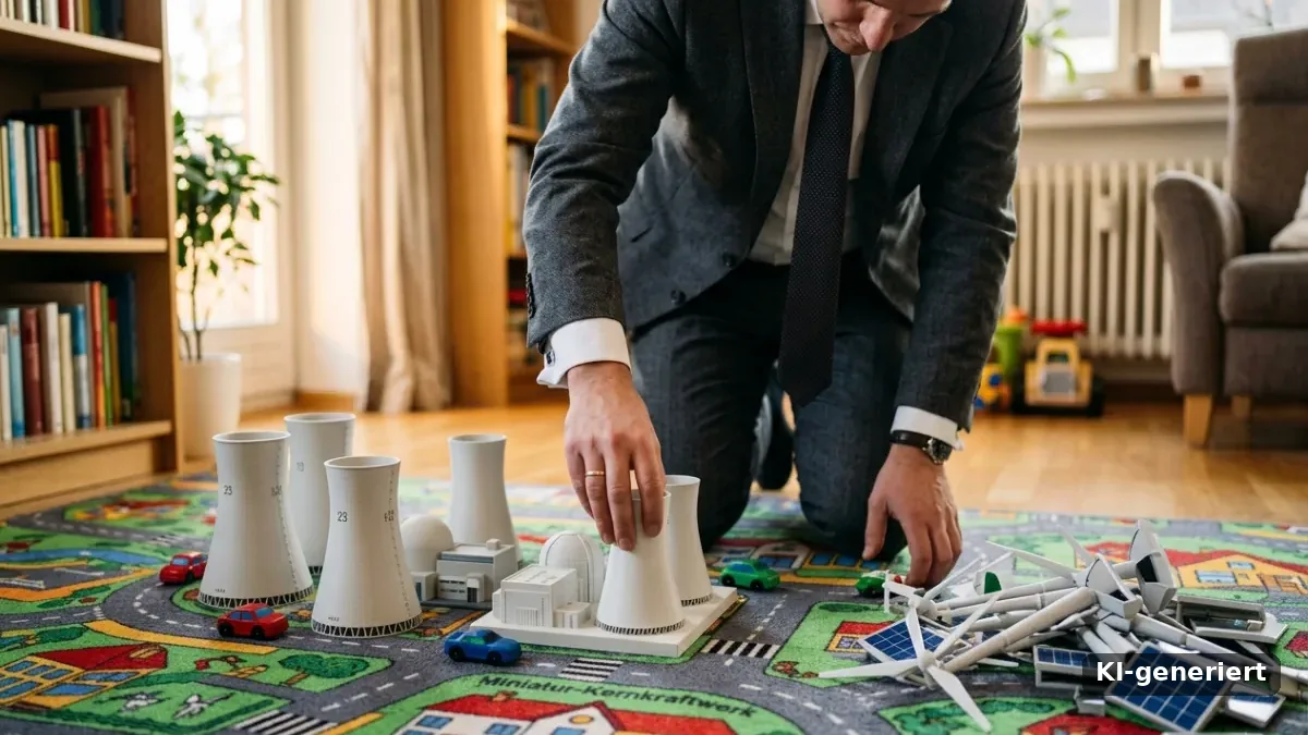 Mann im Anzug stellt Miniatur-Atomkraftwerke auf einen Kinderspielteppich, beiseitegeschobene Windräder und Solarmodule am Rand