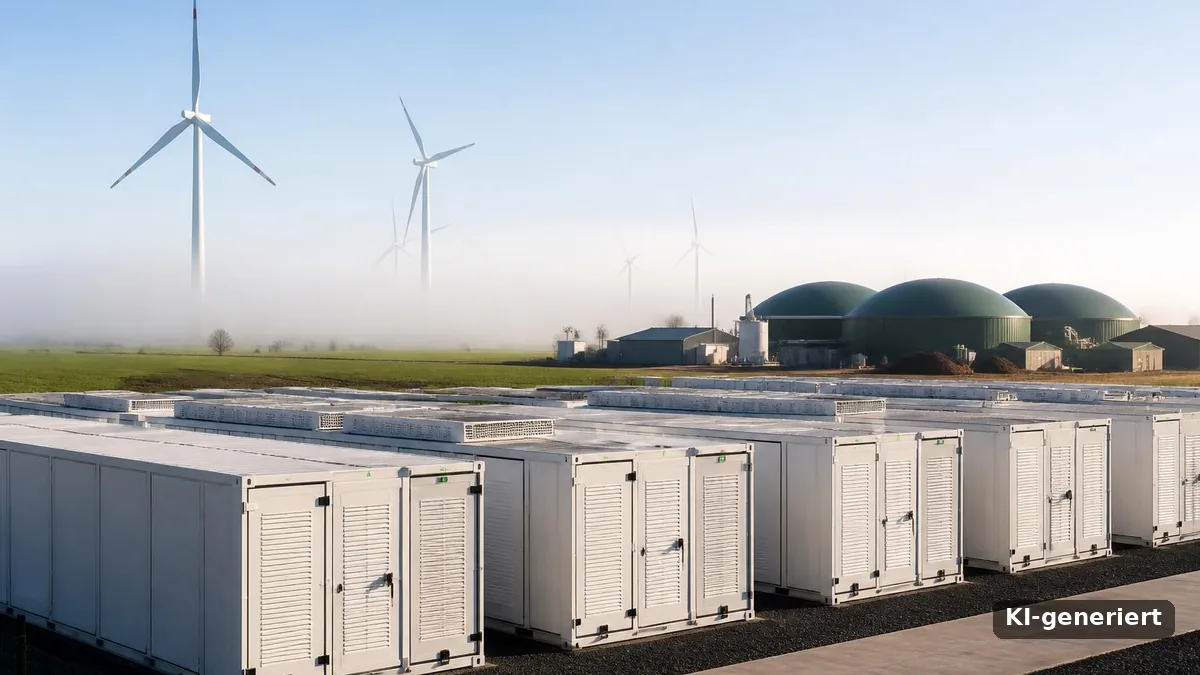 Batteriespeicher-Container vor einer Biogasanlage und stillstehenden Windrädern im Nebel (KI-generiert)