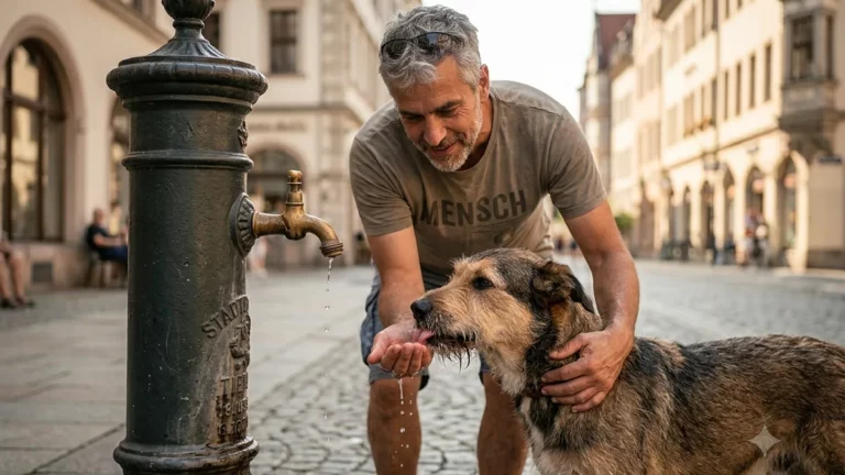 Hitzestress Mann mit Haustier - Hund trinkt an öffentlichem Brunnen