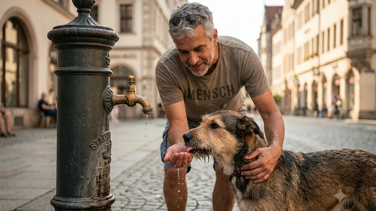 Hitzestress Mann mit Haustier - Hund trinkt an öffentlichem Brunnen