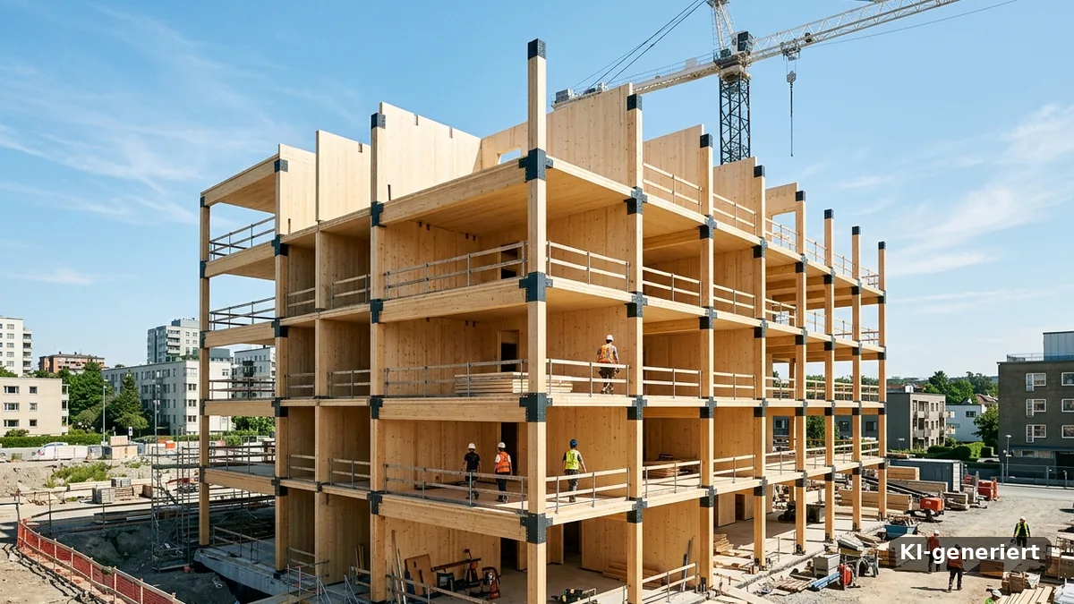 Holzbau: Mehrgeschossiges Gebäude aus Brettsperrholz und Brettschichtholz im Rohbau mit Kran