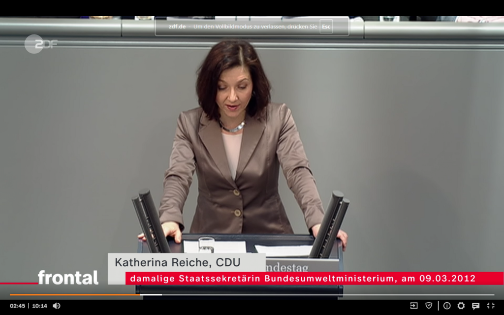 Energiewende Sabotage 2013: Katherina Reiche als Staatssekretärin im Deutschen Bundestag. Bericht von ZDF Frontal. Energiewende Sabotage 2013: Katherina Reiche als Staatssekretärin im Deutschen Bundestag. Bericht von ZDF Frontal.