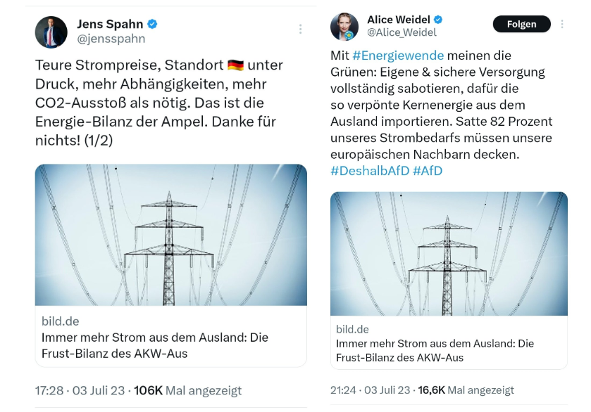 Tweets von Alice Weidel, AfD, und Jens Spahn zur aktuellen Lage rund um Deutschlands Stromimporte 2023