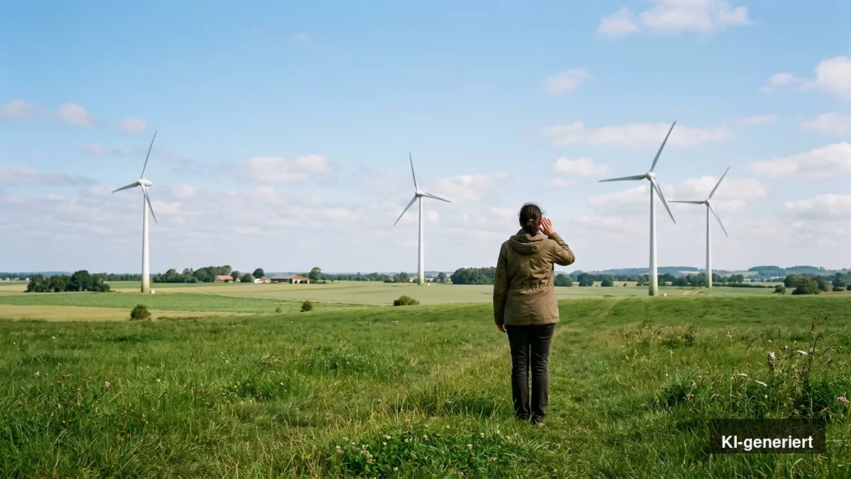 Anwohnerin steht auf einer Wiese vor einem Windpark und hält lauschend die Hand ans Ohr