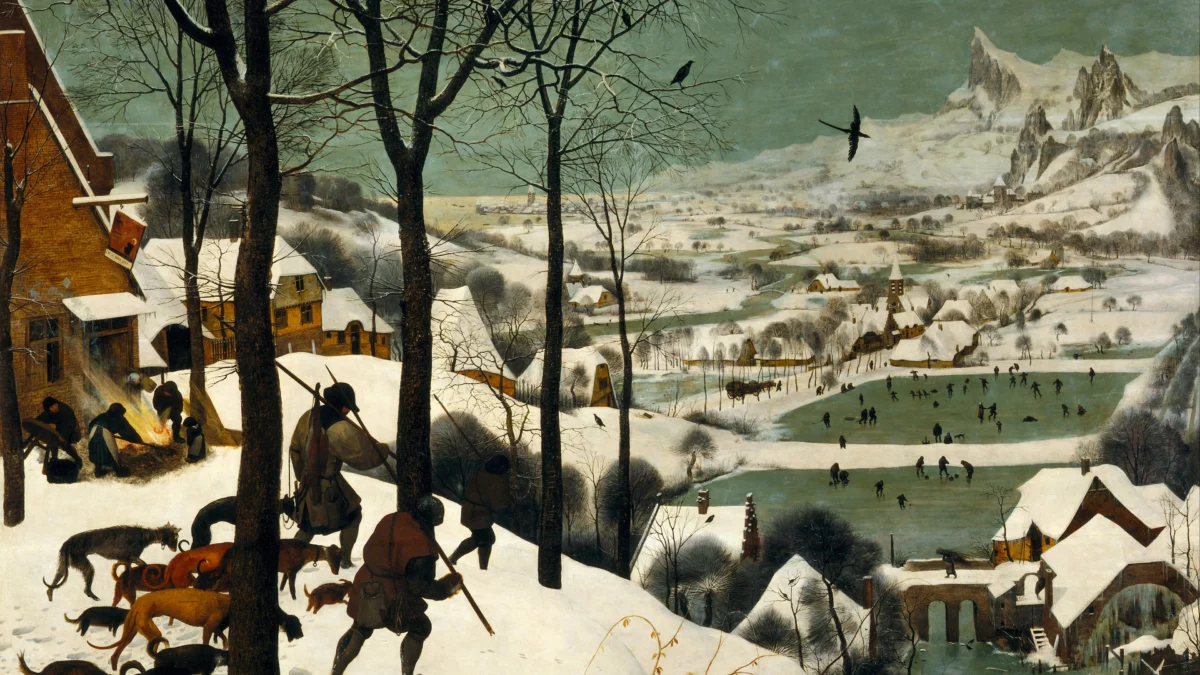 Kleine Eiszeit in Europa: Pieter Bruegels Gemälde Die Jäger im Schnee von 1565 zeigt ein verschneites Dorf mit zugefrorenen Teichen