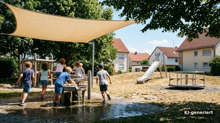 Kinder spielen im Schatten eines Sonnensegels an einem Wasserspielplatz, während Rutsche und Karussell in der prallen Sonne auf vertrocknetem Rasen leer bleiben
