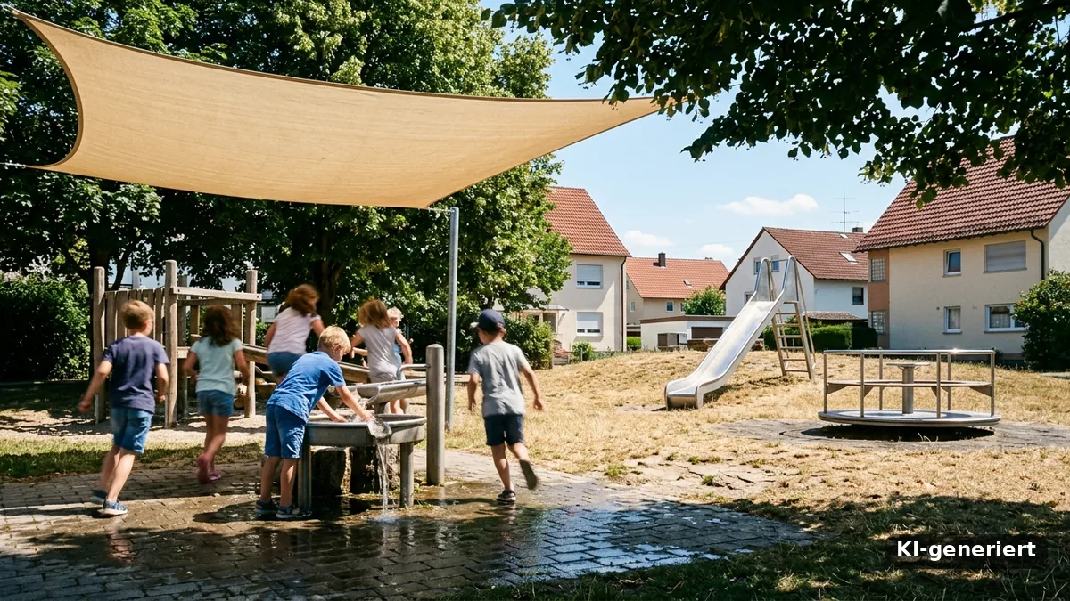 Kinder spielen im Schatten eines Sonnensegels an einem Wasserspielplatz, während Rutsche und Karussell in der prallen Sonne auf vertrocknetem Rasen leer bleiben