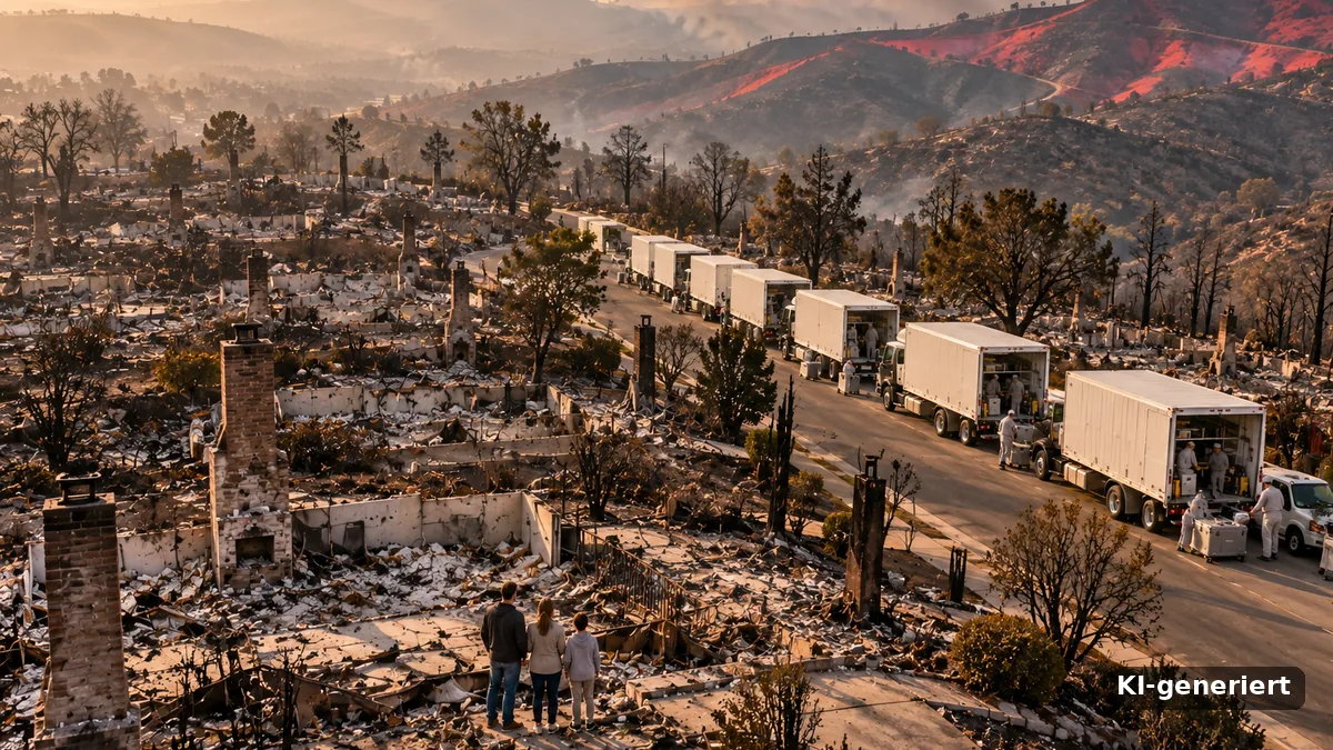 Nach einem Waldbrand: Sanierungsfirmen rücken an, eine Familie steht vor ihrem Haus. Großanleger verdienen an der Klimakrise doppelt