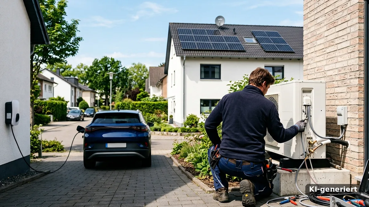 Handwerker montiert eine Wärmepumpe an einem Einfamilienhaus mit Solardach, in der Einfahrt lädt ein Elektroauto an der Wallbox