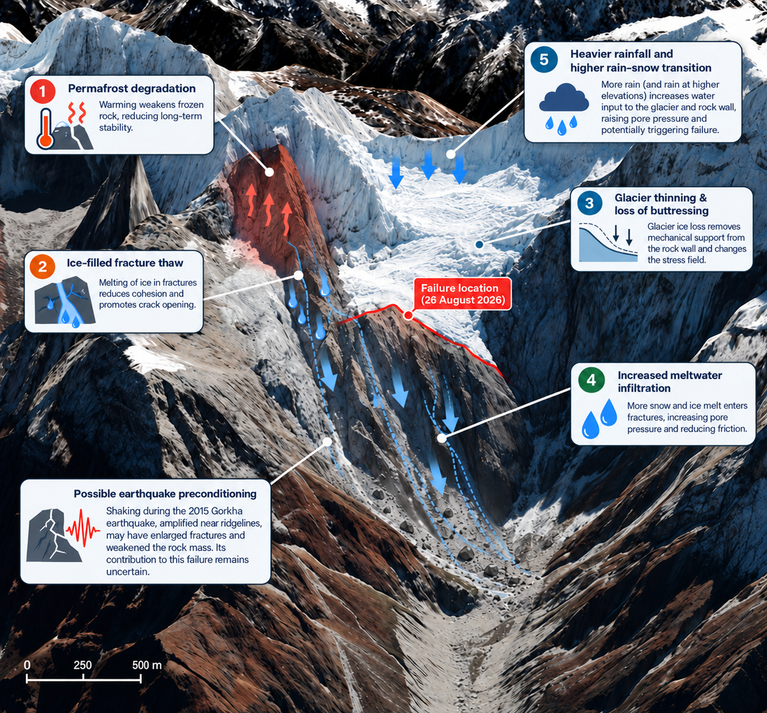Klimawandel Himalaya: Grafik zeigt Permafrost-Degradation, Gletscherschwund und Schmelzwasser als Mechanismen am Langtang Lirung