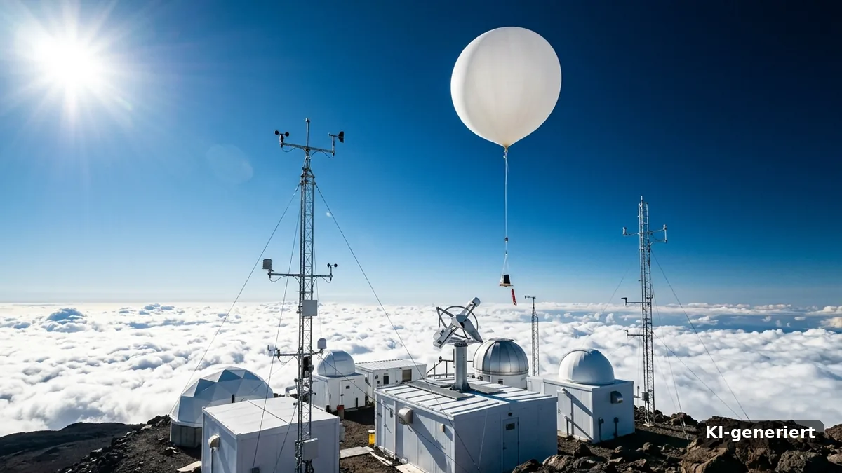 Atmosphären-Messstation auf einem Berggipfel über den Wolken, ein Wetterballon steigt auf (KI-generiert)