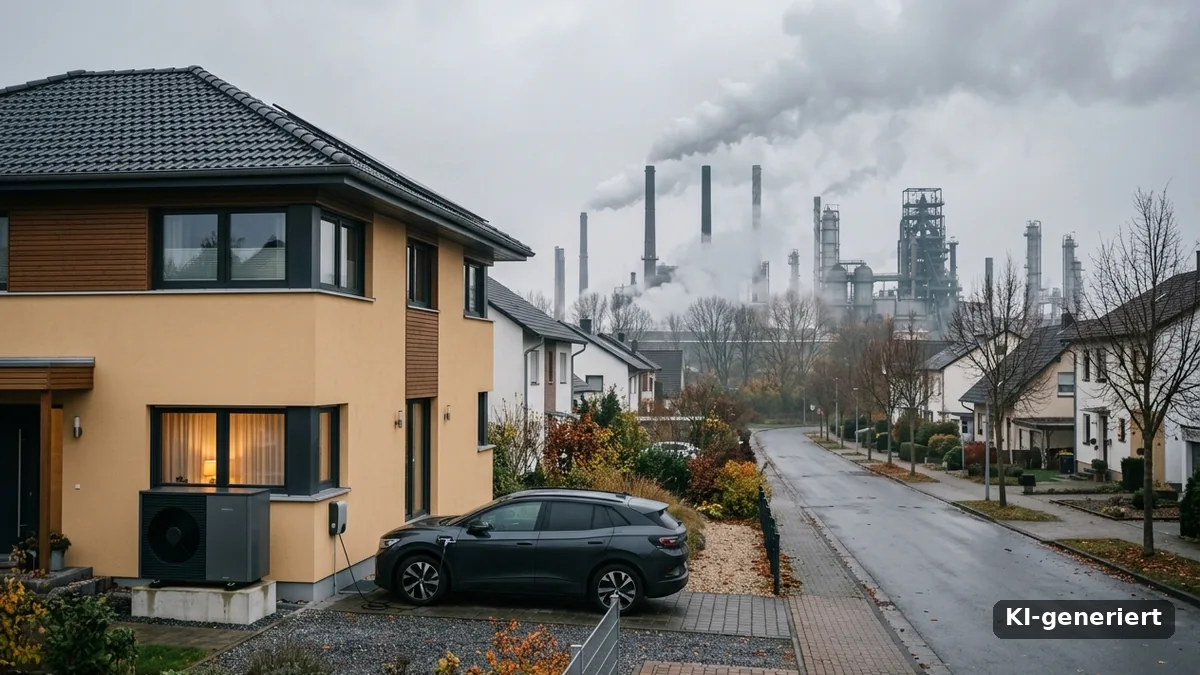 Wärmepumpe und Elektroauto vor einem Wohnhaus, im Hintergrund eine fossile Industrieanlage mit Rauchschwaden