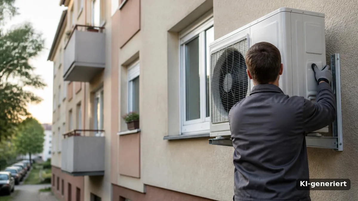 Kosten der Wärmewende: Installateur montiert das Außengerät einer Wärmepumpe an einem Mehrfamilienhaus (KI-generiert)