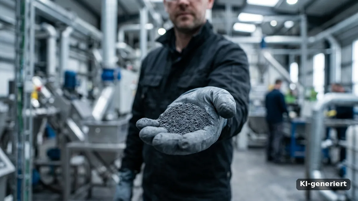 Recyceltes Batteriegraphit in der Hand einer Fachkraft in einer Recyclinganlage