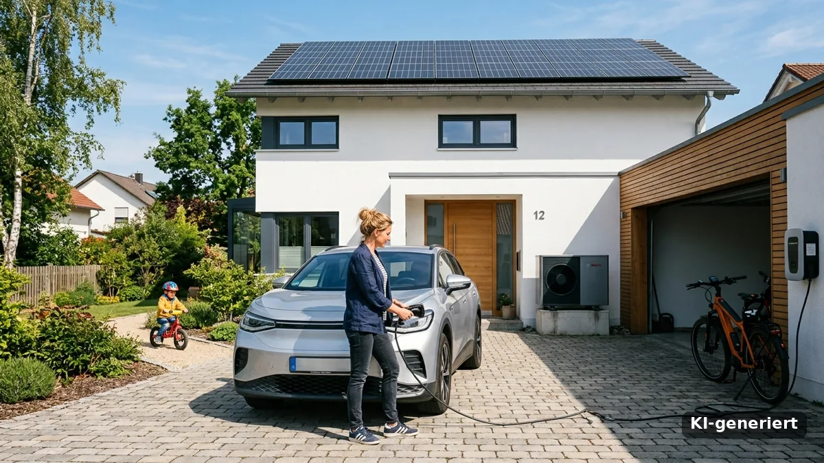 Frau lädt ihr Elektroauto vor einem Einfamilienhaus mit Solardach, Wärmepumpe und E-Bike in der Garage, KI-generiert
