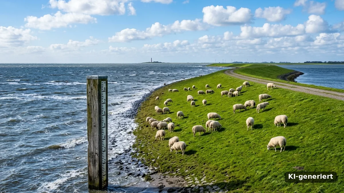 Grüner Nordseedeich mit grasenden Schafen und Pegellatte im Wasser, Symbolbild Meeresspiegelanstieg (KI-generiert)