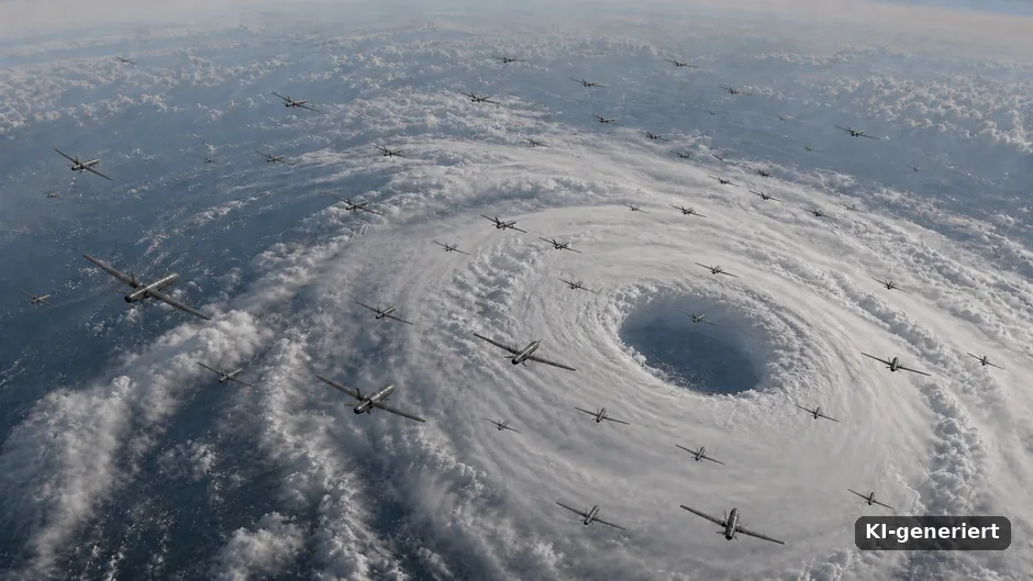 Drohnenschwarm über einem Hurrikan, der Wolken auflösen soll