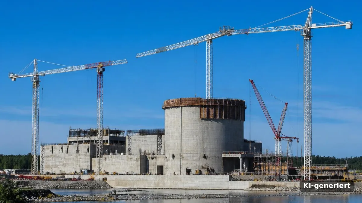 Baustelle eines Reaktorgebäudes am Seeufer mit Betonzylinder und mehreren Baukränen unter blauem Himmel
