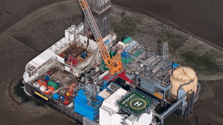 Luftaufnahme der Oelbohrinsel Mittelplate im Wattenmeer