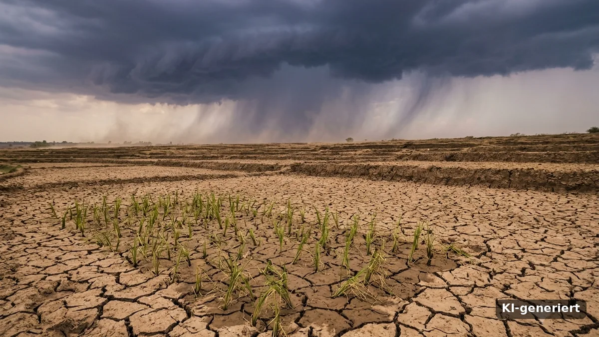 Vertrocknetes Reisfeld mit welkenden Setzlingen in Indien, am Horizont Monsunregen, der verdunstet - Monsun 2026 unter El-Niño-Einfluss (KI-generiert)