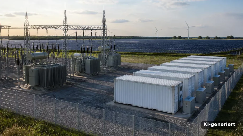 KI-generiertes Bild: Umspannwerk mit Transformatoren, daneben Batteriespeicher-Container, dahinter Solarpark und Windräder