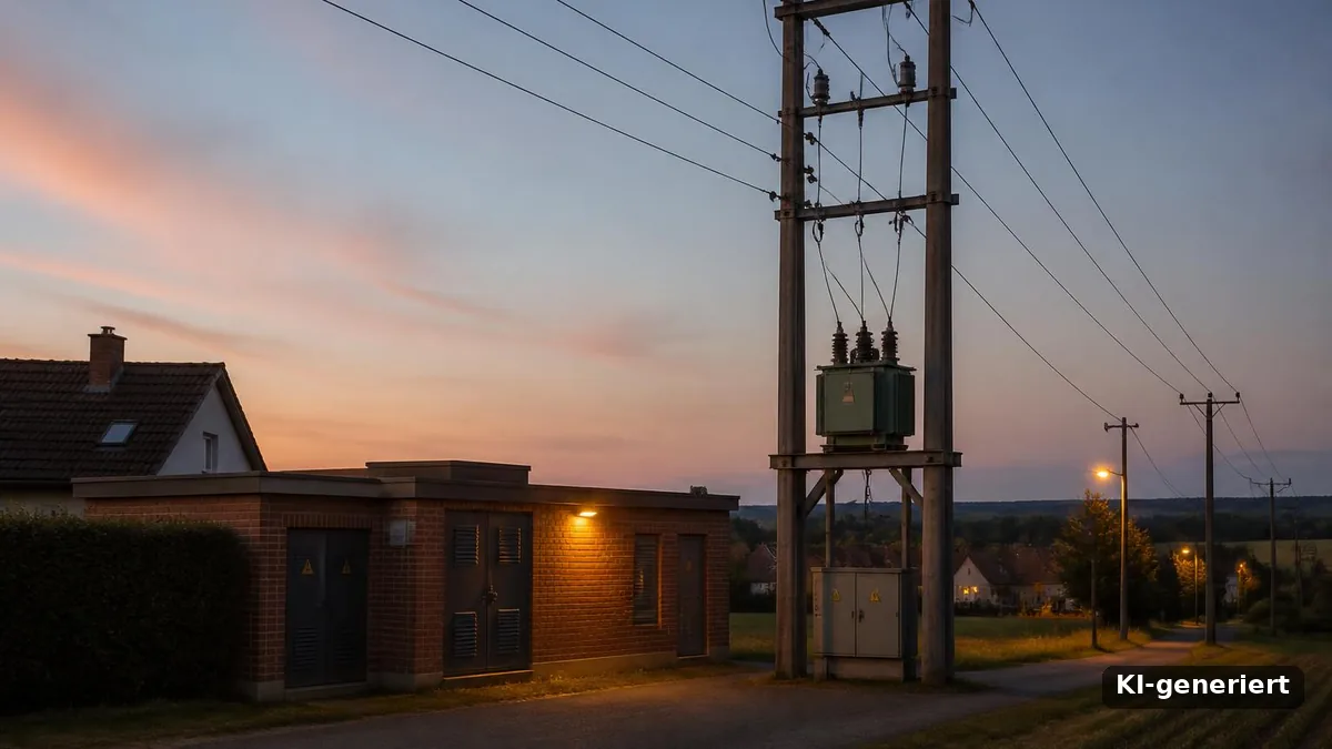 Netzentgelte: Ortsnetzstation und Mittelspannungsleitung am Dorfrand in der Abenddämmerung