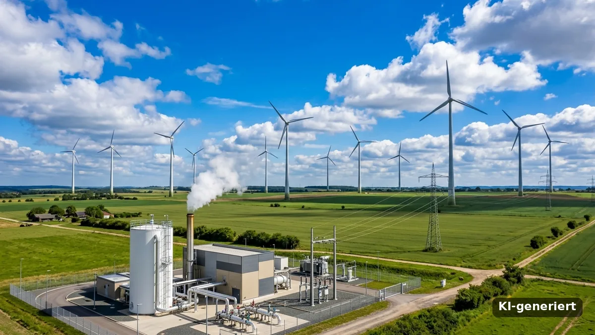 Kleines Heizwerk mit Wärmespeicher vor einem Windpark, Symbolbild Nutzen statt Abregeln (KI-generiert)