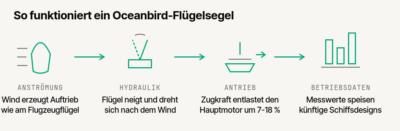 Prozessdiagramm: So funktioniert ein Oceanbird-Fluegelsegel in vier Schritten