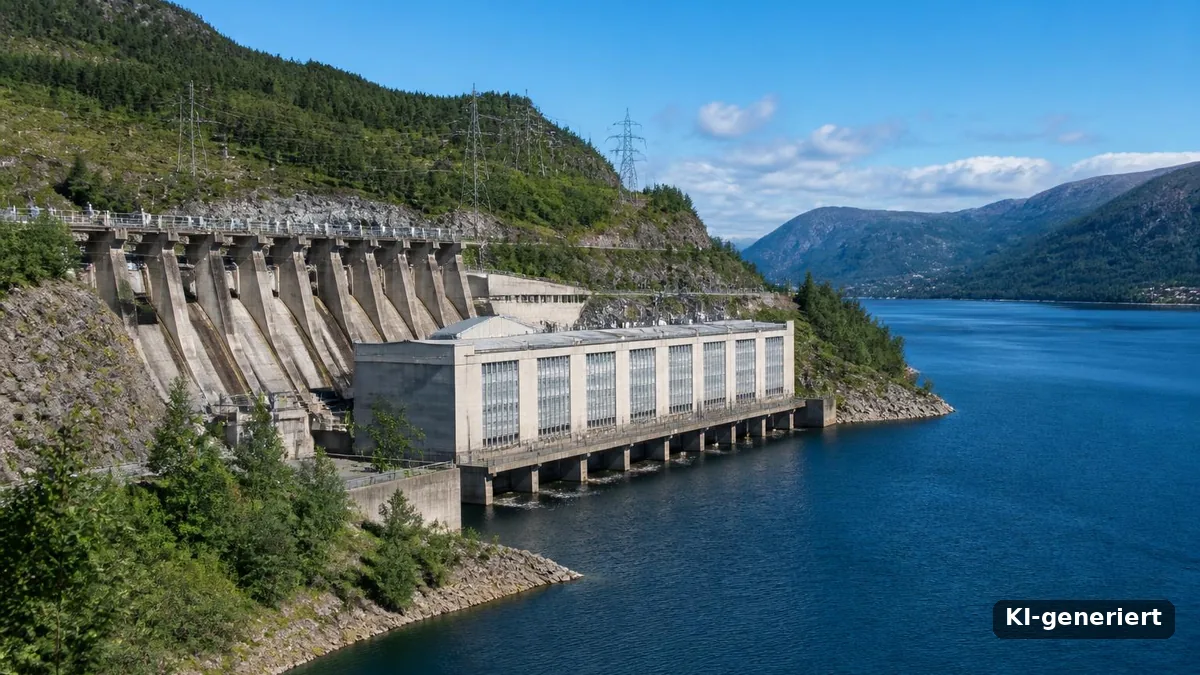 Wasserkraftwerk mit Staumauer an einem norwegischen Fjord, Hochspannungsleitungen am Hang, Symbolbild Ökostrom (KI-generiert)