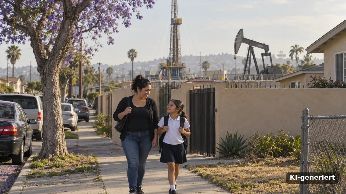Mutter und Tochter auf dem Schulweg in Los Angeles, hinter der Mauer ein Bohrturm und eine Ölpumpe