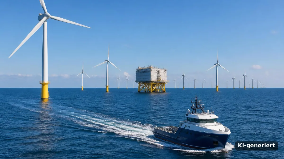 Offshore-Windpark in der Nordsee mit Windturbinen auf gelben Fundamenten, Konverterplattform und Serviceschiff