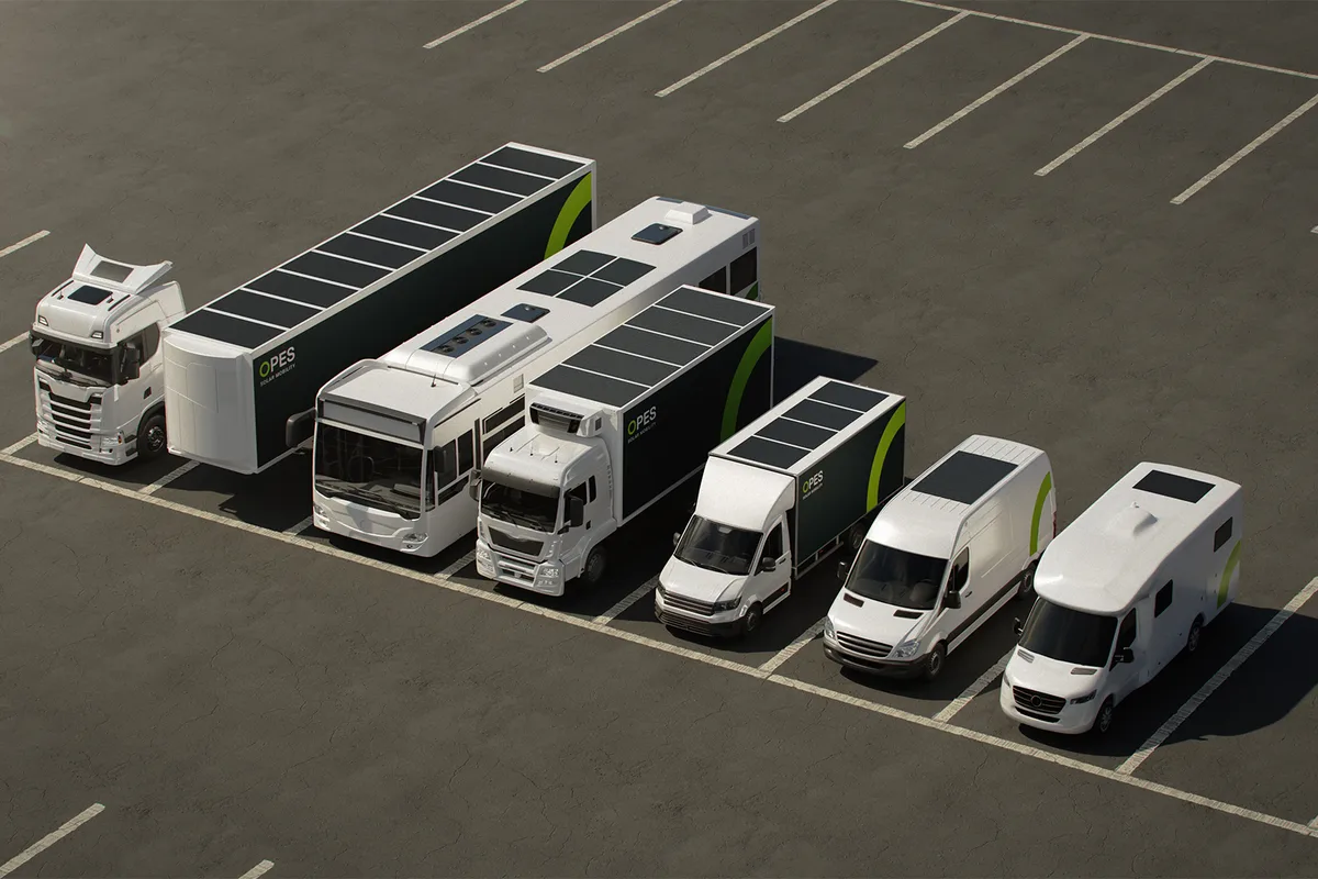 OPES Solar Mobility 3 Fahrzeugflotte von OPES Solar Mobility mit Solardaechern: Lkw, Bus, Kuehl-Lkw, Transporter und Wohnmobil