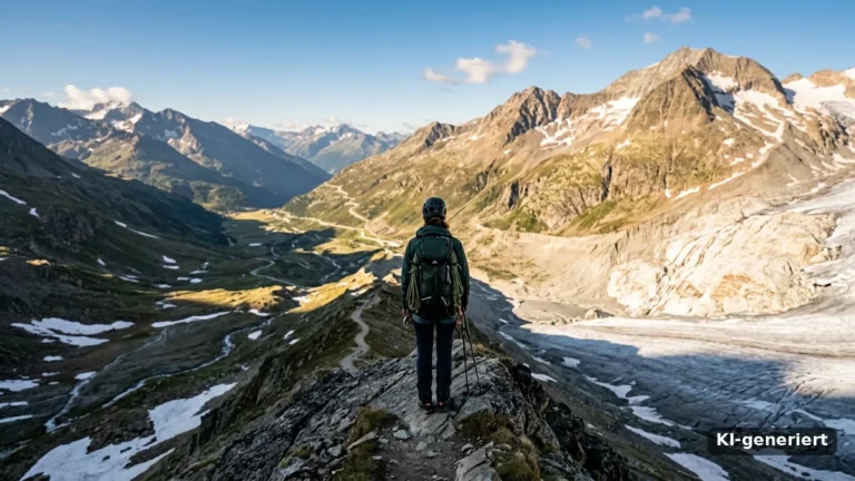 Bergsteigerin auf einem Grat blickt auf den Abstieg in ein Tal, rechts ein zurückgez`ogener Gletscher