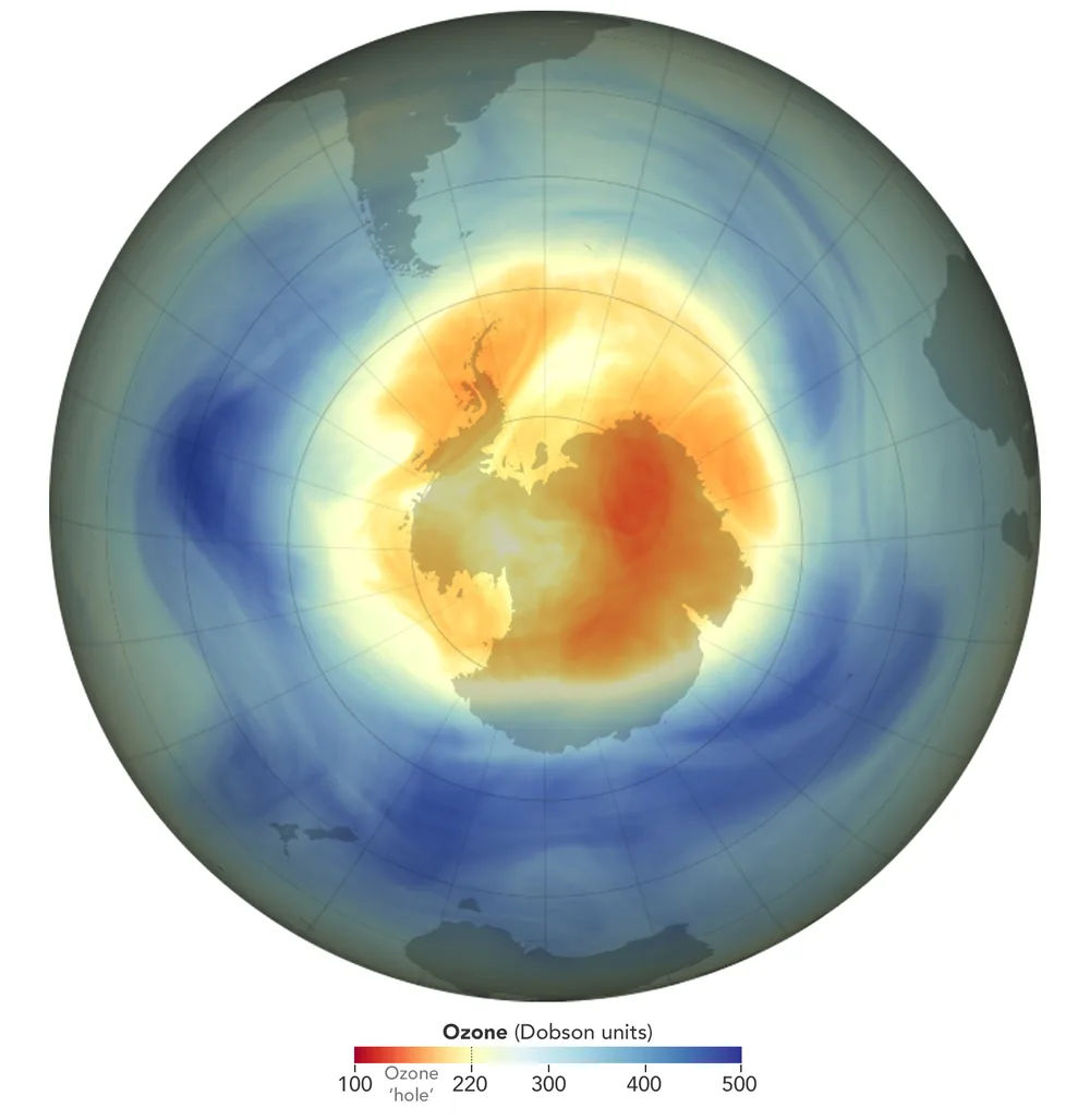 Satellitenkarte des Ozonlochs über der Antarktis am 9. September 2025, Ozonsäulendichte in Dobson-Einheiten