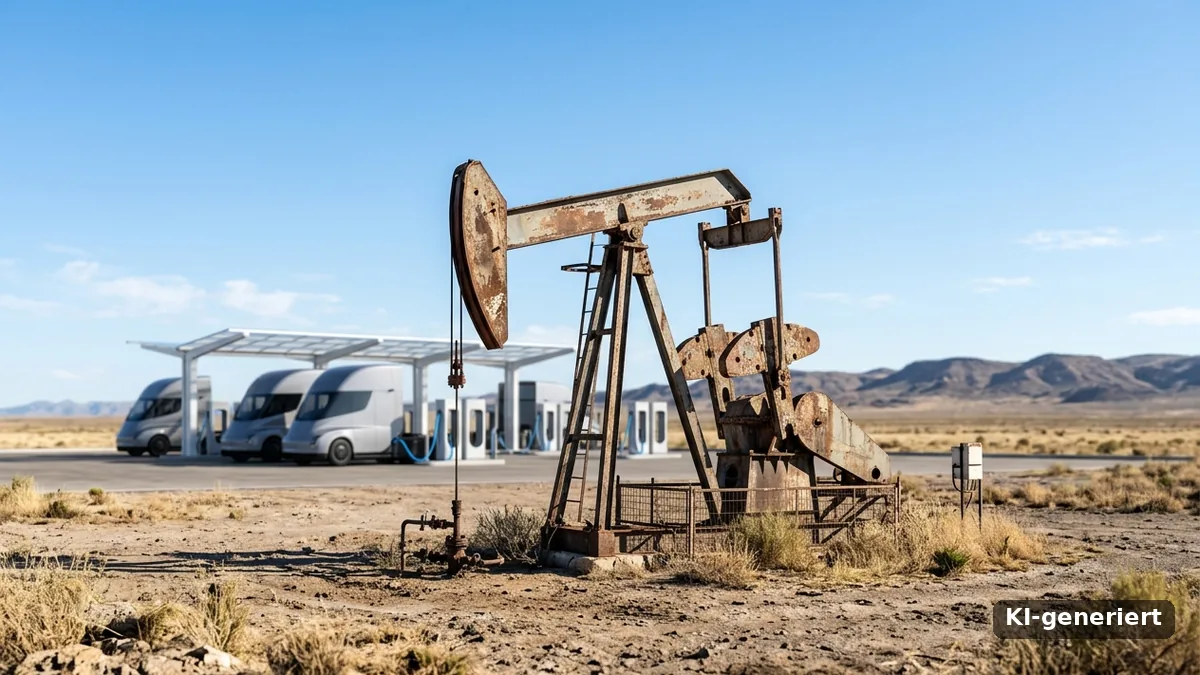 Peak Oil: Rostige Pferdekopfpumpe in trockener Ebene, dahinter laden Elektro-Lkw an einem Ladepark