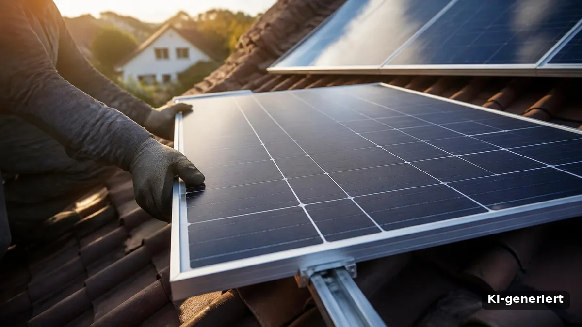 Vorteile und Nachteile von Photovoltaik: Monteur setzt ein Solarmodul auf das Ziegeldach eines Einfamilienhauses