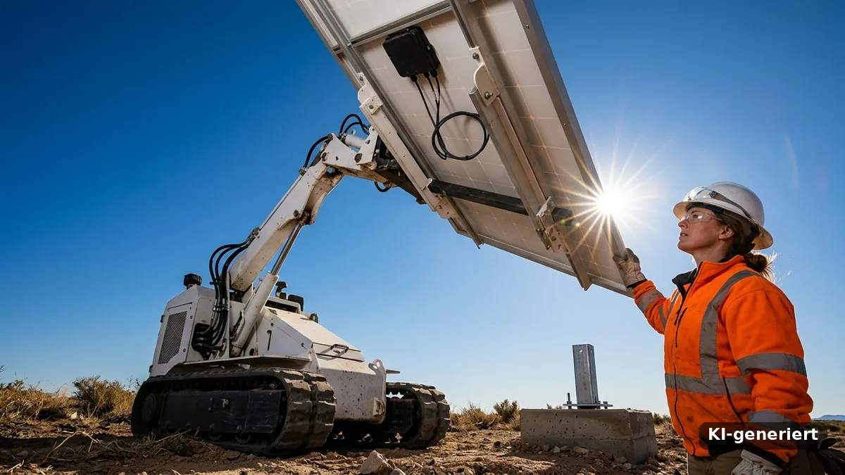 Physical AI auf der Solarbaustelle: Ein Montageroboter hebt ein Solarmodul, eine Monteurin führt es mit der Hand